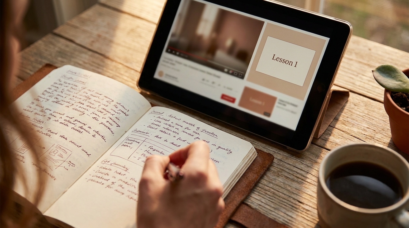 A tablet playing a curriculum lesson next to a family journal
